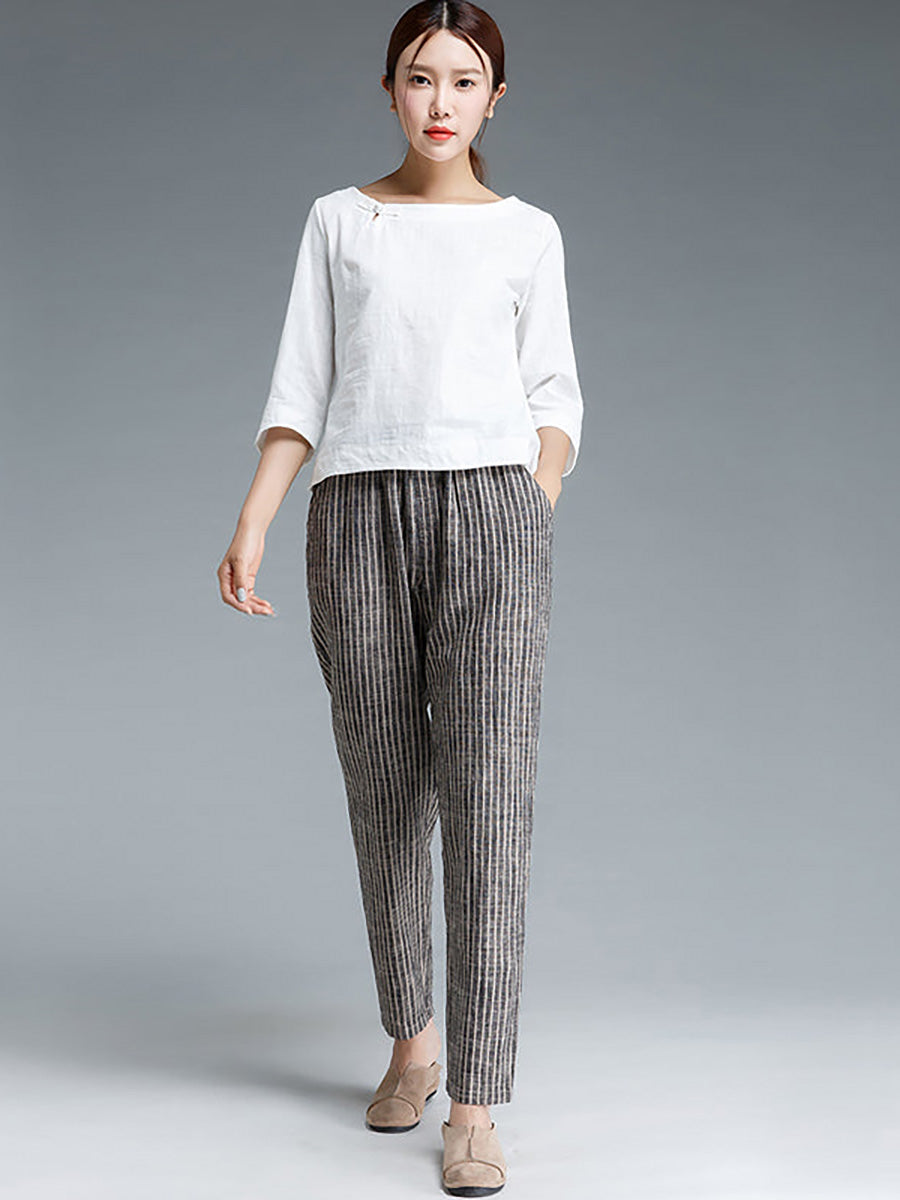 Plus Size Buykud Stripe Cotton Linen Women Pants