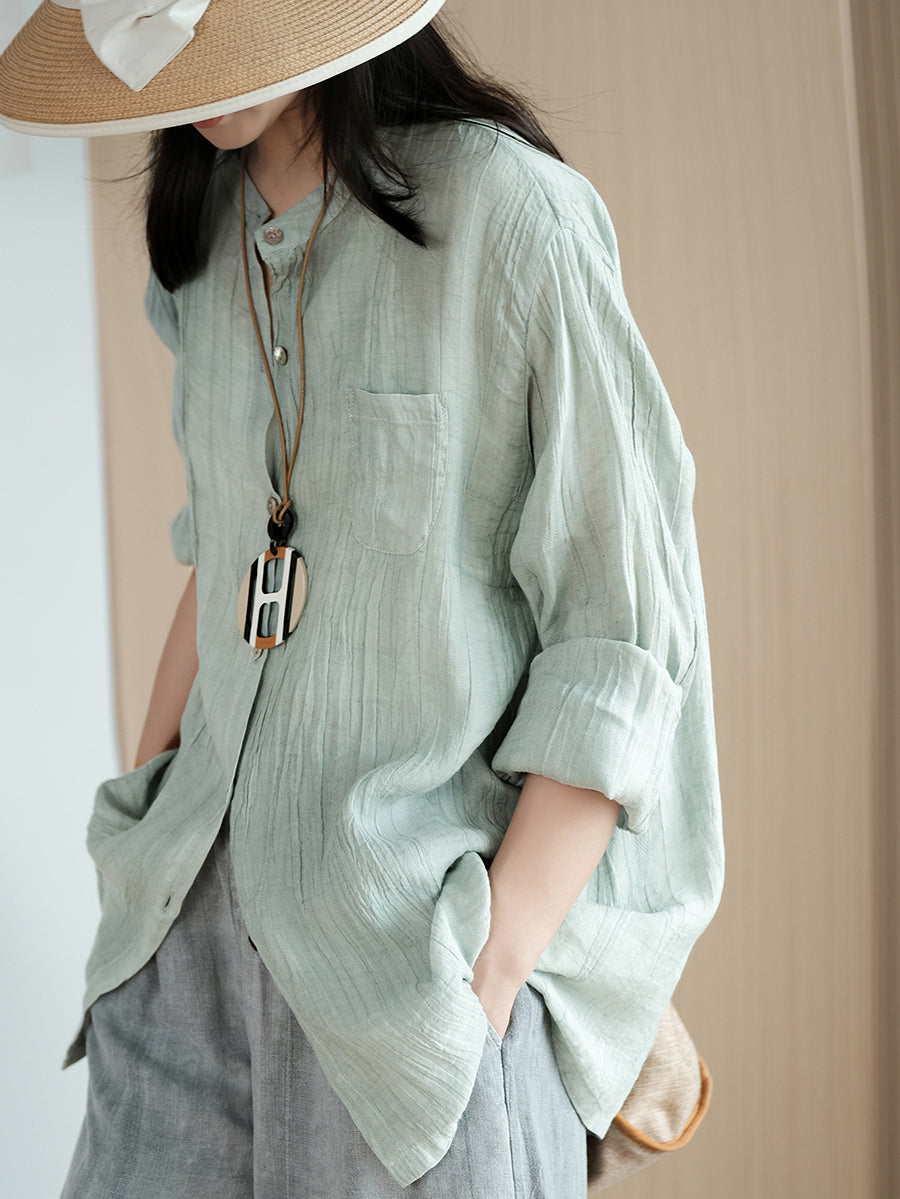 Women Autumn Artsy Shirred Button-up Ramie Shirt