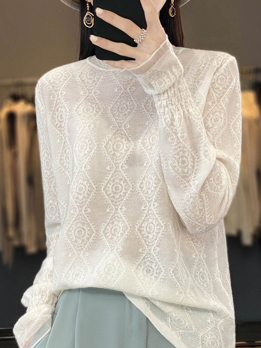 Women Autumn Lacework Knitted Half-Turtleneck Blouse