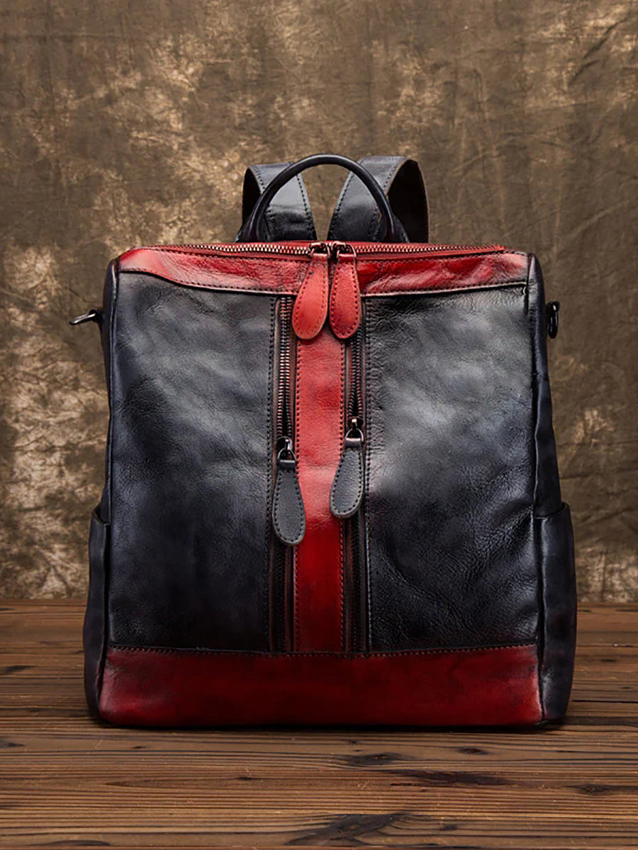 Casual Travel Color Matching Leather Backpack