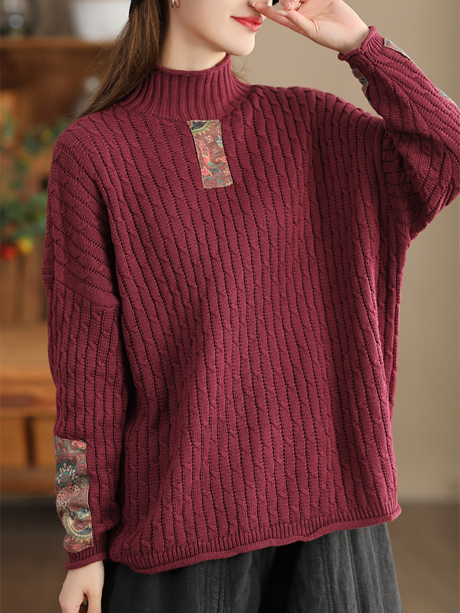 Women Retro Patch Spliced Knitted Turtleneck Sweater