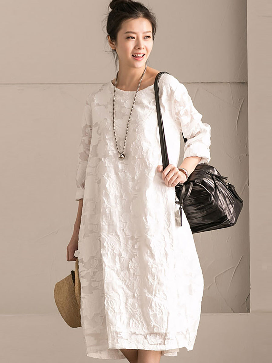 Plus Size Women Autumn Solid Lace Floral White Dress