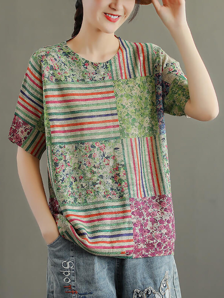 Plus Size - Cotton Floral Knitted Stitching Women T-shirt