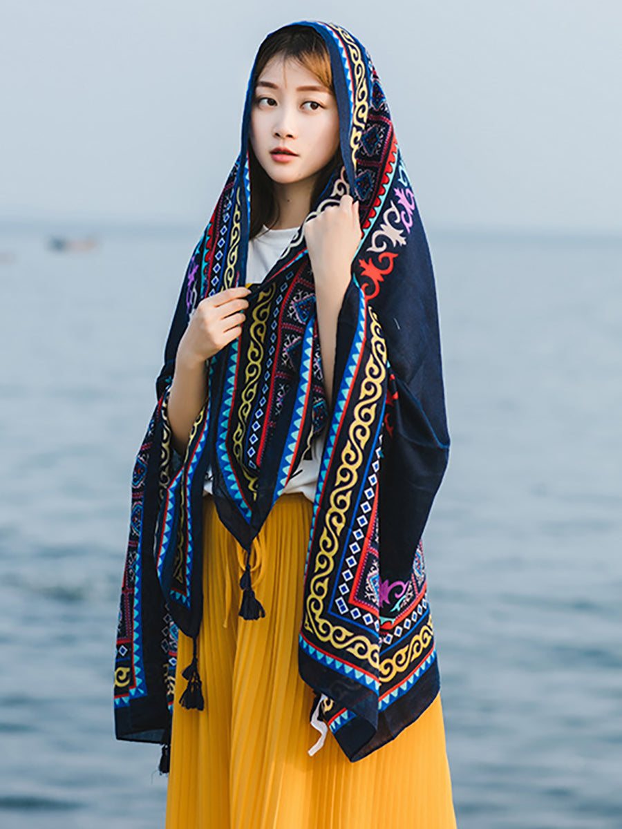 Soft Comfortable Print Twill Tassel Scarf