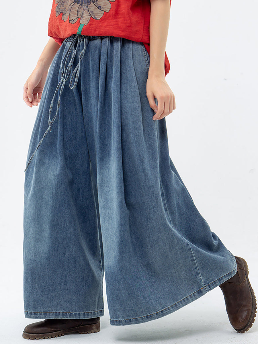 Plus Size Casual Drawstring Blue Denim Wide Leg Pants Jeans