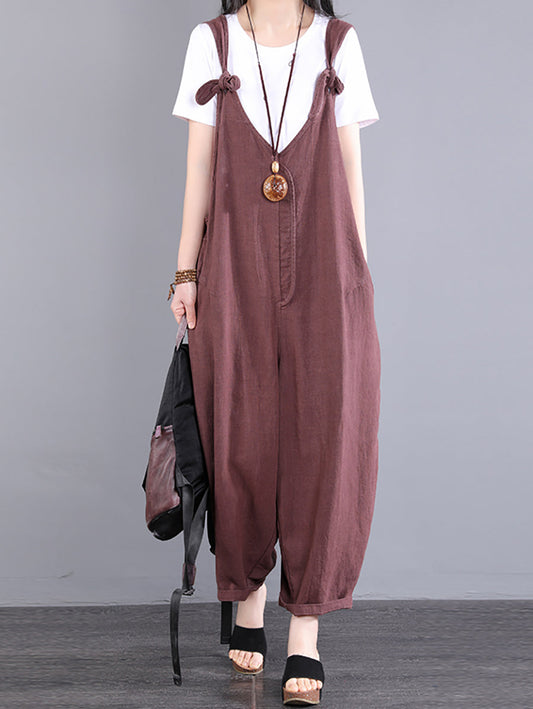 Plus Size Women Vintage Knot V-Neck Ramie Loose Jumpsuits