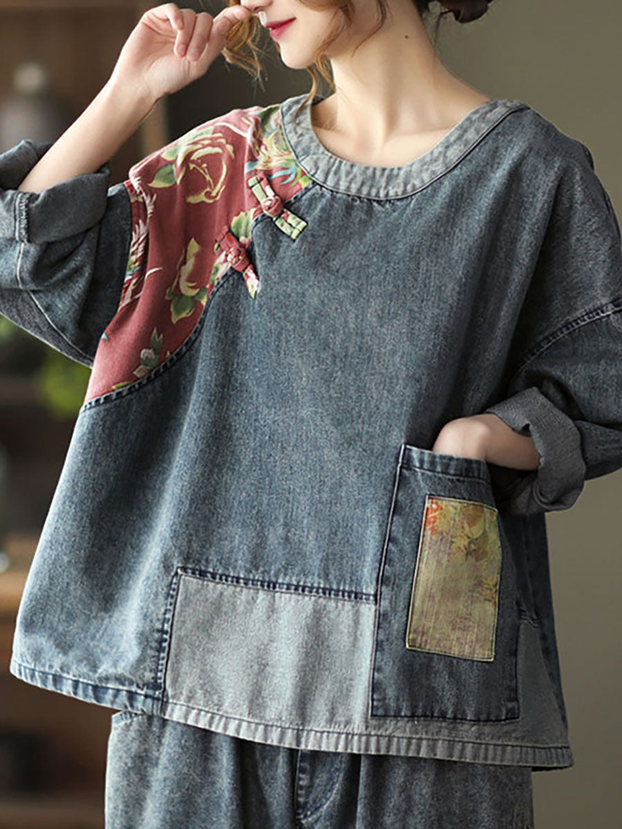 Plus Size Women Retro Stitching Patchwork Print Floral Denim Sweatshirt