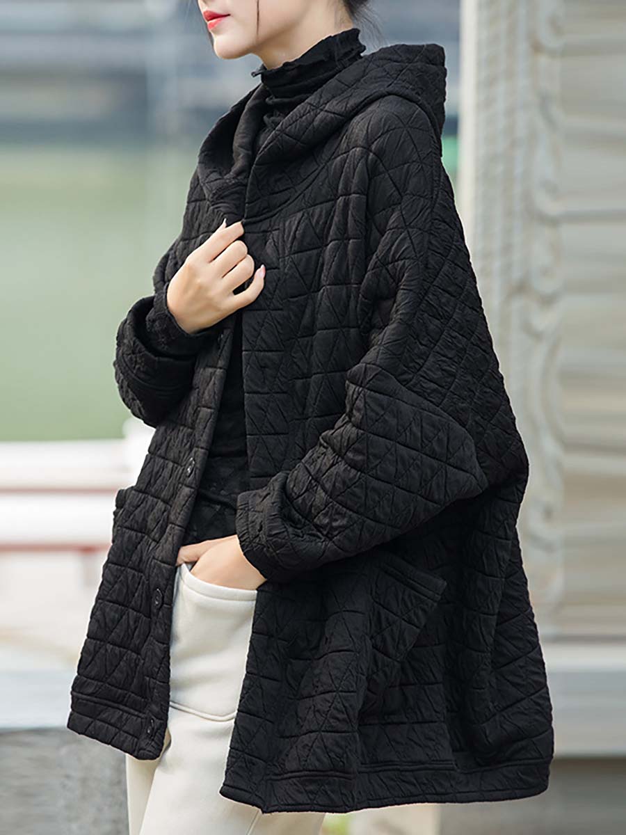 Plus Size Women Winter Casual Button Pocket Hooded Coat