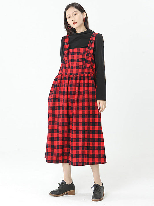 Plus Size - Cotton Women Top and Plaid Pinafore Dress