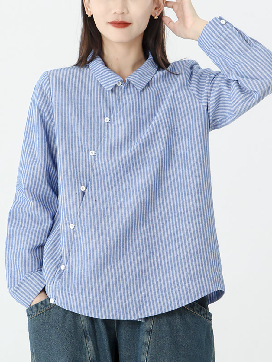 Plus Size Cotton Linen Stripes Long Sleeve Shirt