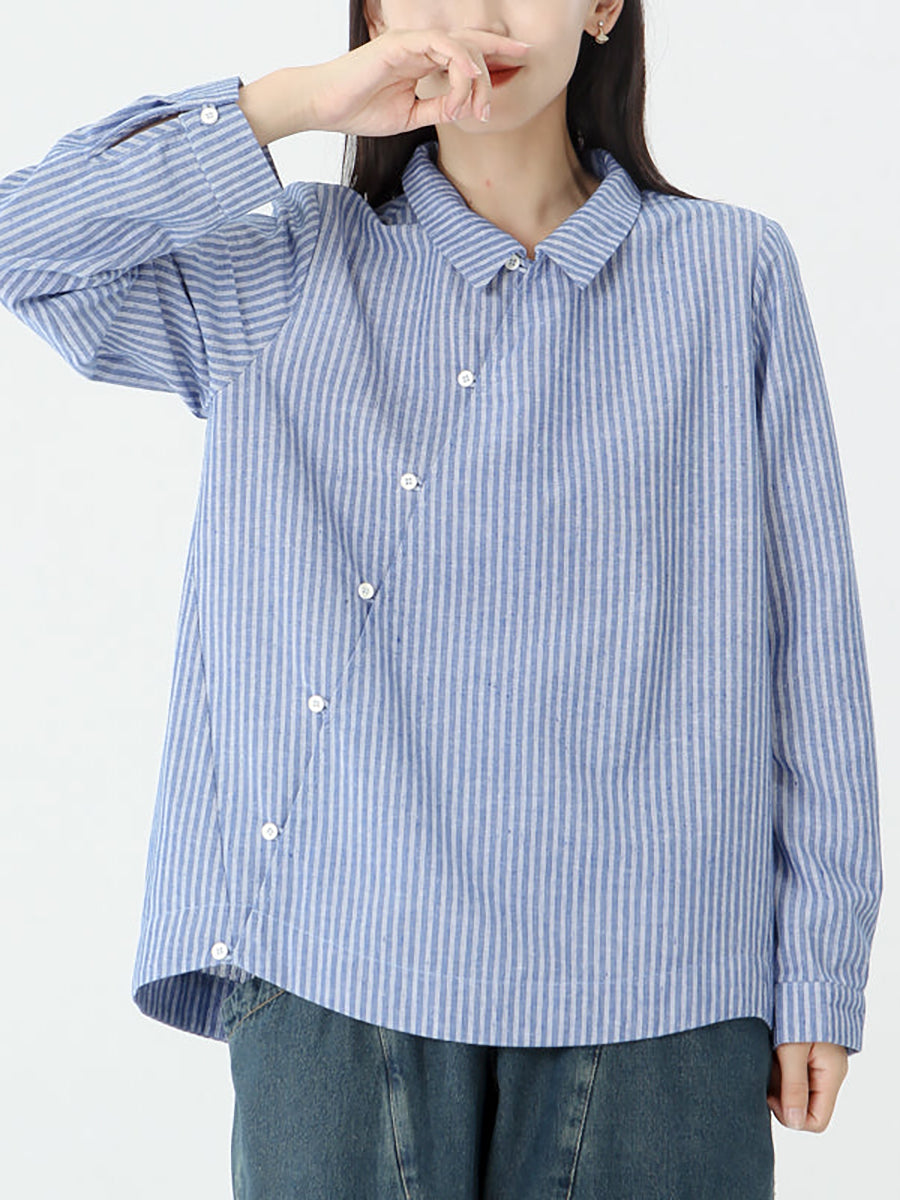 Plus Size Cotton Linen Stripes Long Sleeve Shirt