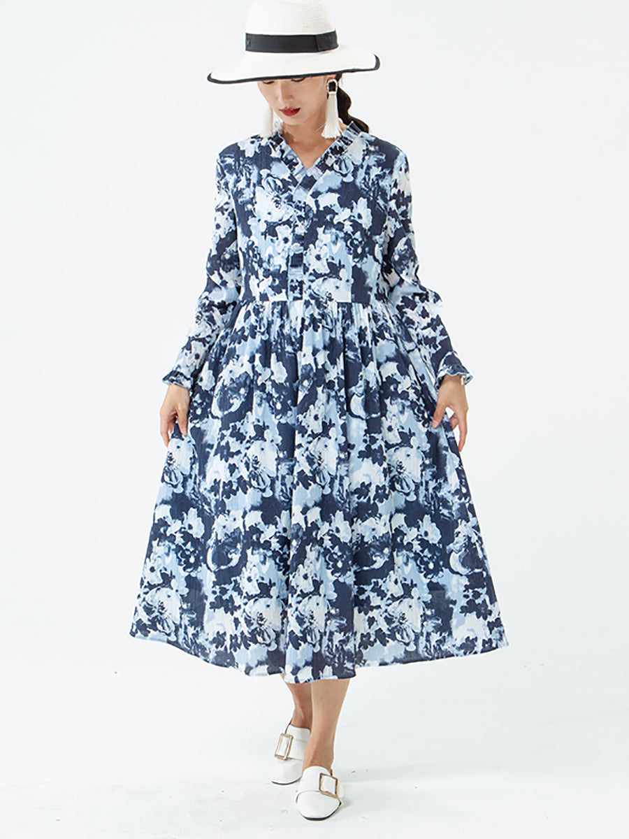 PLUS Size - Women Pocket Floral V Neck Long Sleeve Dress