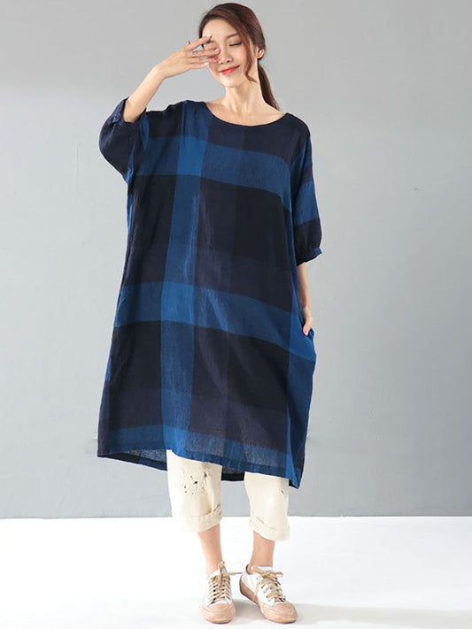 Plus Size Women Literature Lattice Loose Elbow Sleeve Dark Blue Dress