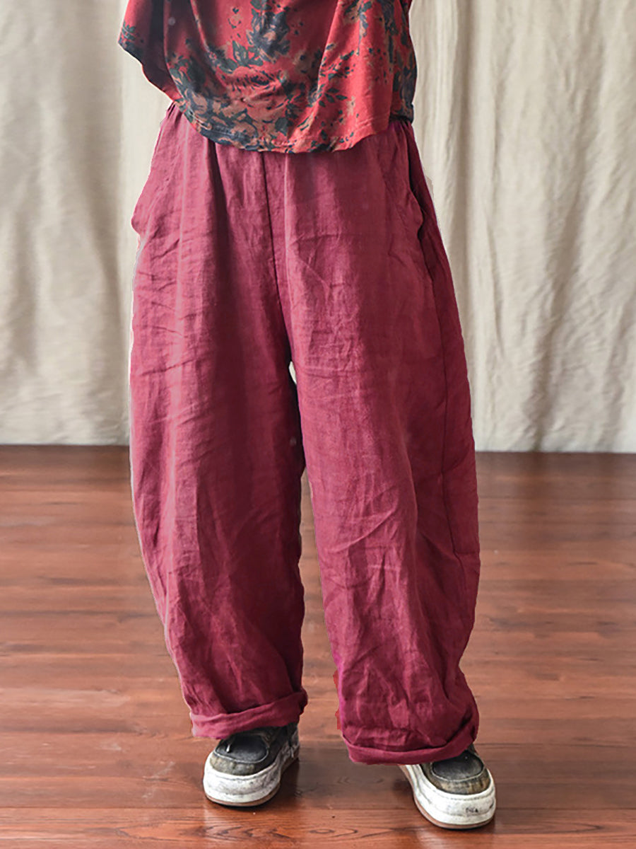 Plus Size Women Linen Pocket Elastic Waist Pure Color Pants