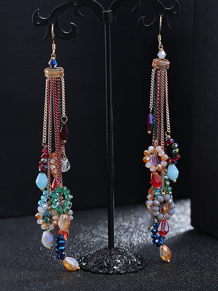 Women Vintage Bead Knitted Tasel Sliver Earrings