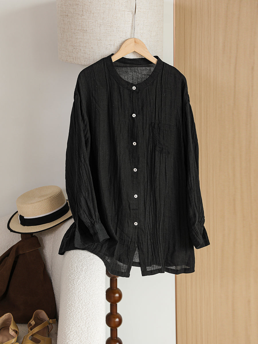 Women Autumn Artsy Shirred Button-up Ramie Shirt