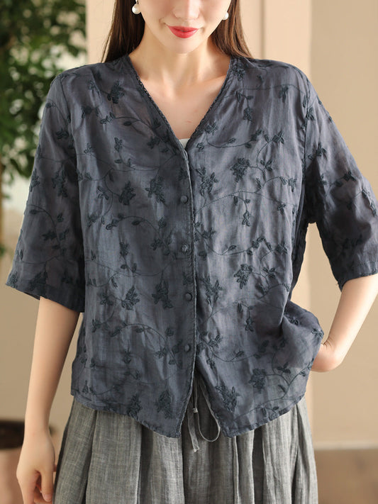 Women Vintage Flower Embroidery Button-up Ramie Shirt