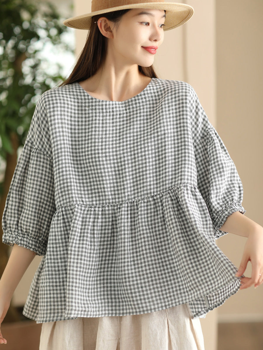 Women Summer Vintage Plaid Spliced Linen Shirt