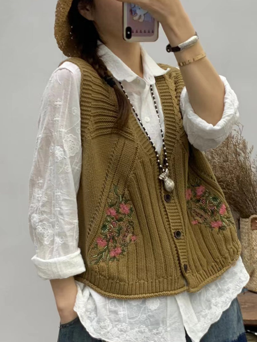 Women Vintage Floral Embroidery V-neck Knitted Vest