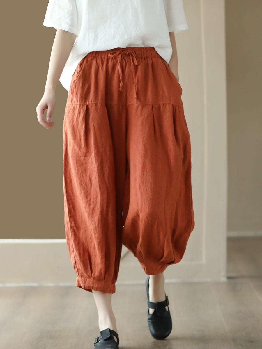 Plus Size Women Summer Solid Pocket Pleat Drawstring Harem Pants