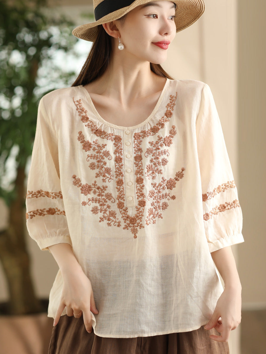 Women Summer Artsy Flower Embroidery O-Neck Ramie Shirt