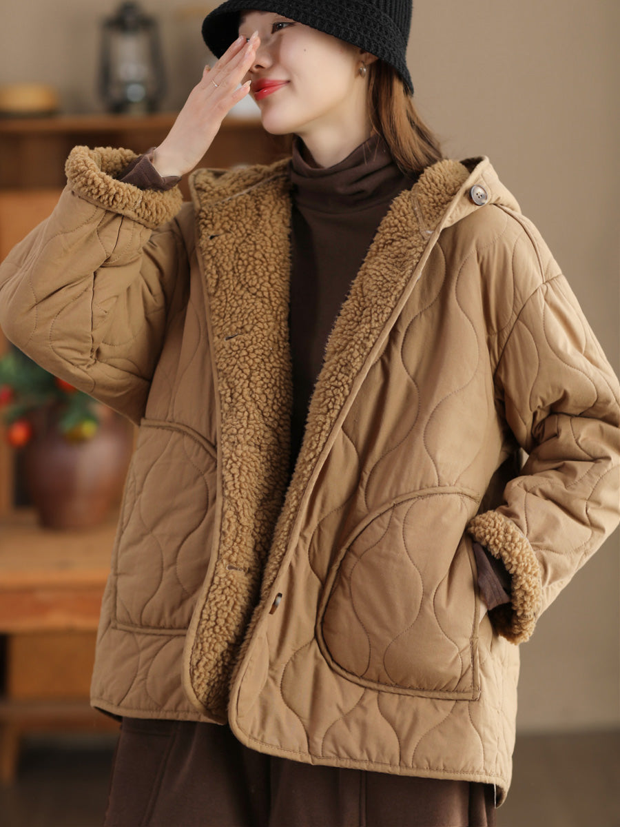 Women Winter Casual Fleece-lined Cotton Hooded Coat