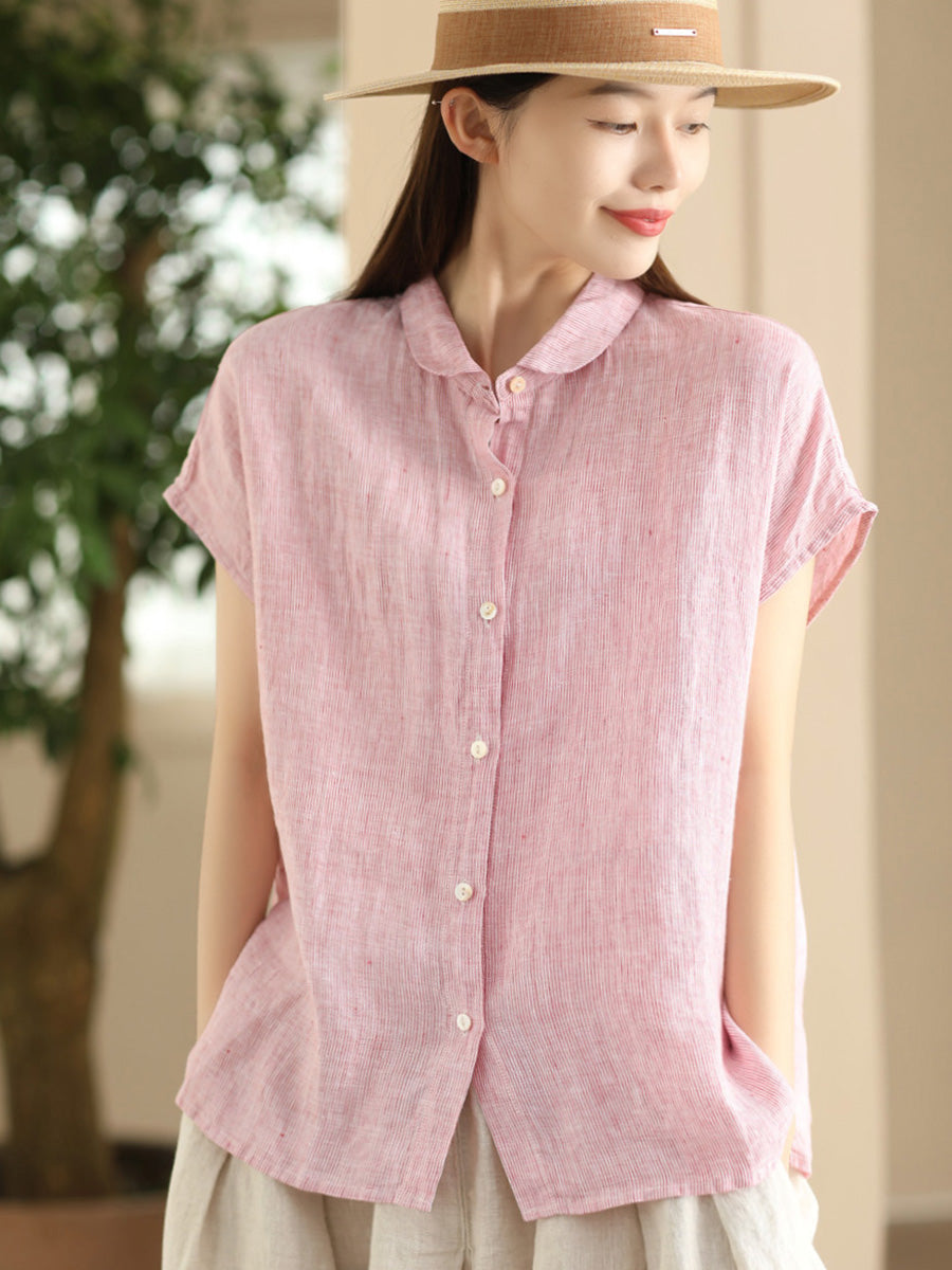 Women Summer Artsy Stripe Button-up Linen Shirt