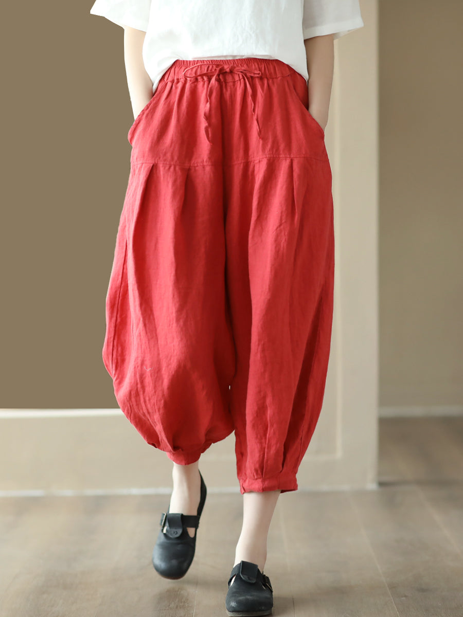 Plus Size Women Summer Solid Pocket Pleat Drawstring Harem Pants