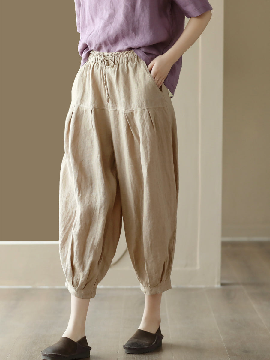 Plus Size Women Summer Solid Pocket Pleat Drawstring Harem Pants