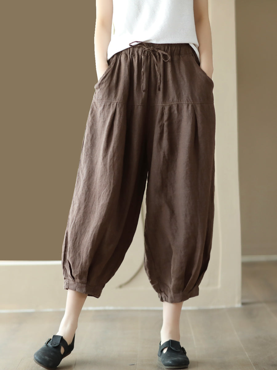 Plus Size Women Summer Solid Pocket Pleat Drawstring Harem Pants