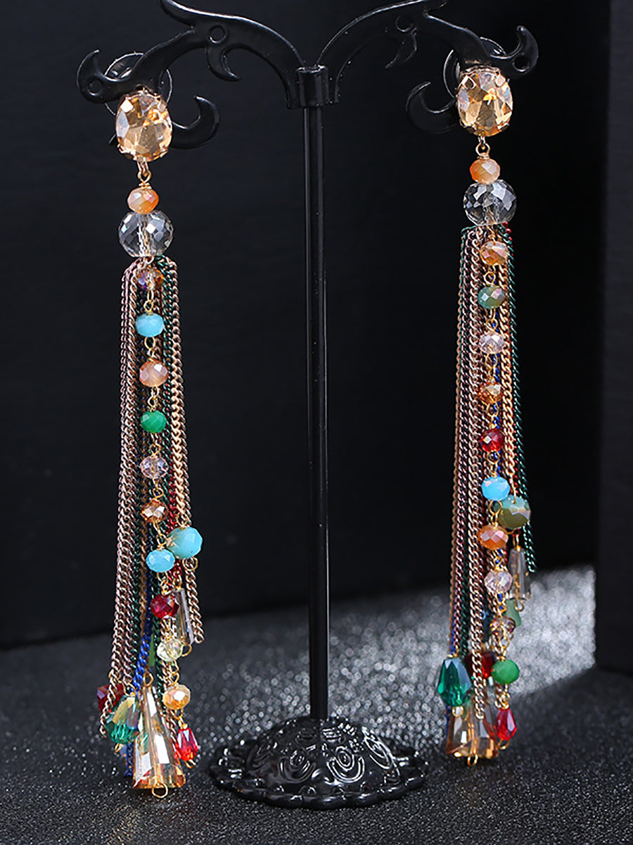 Women Vintage Bead Knitted Tasel Sliver Earrings