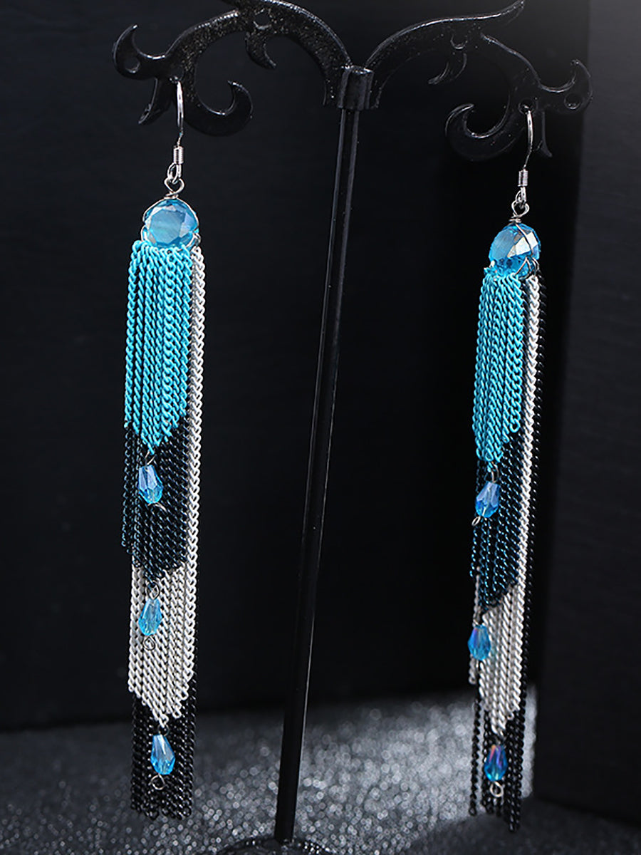 Women Vintage Bead Knitted Tasel Sliver Earrings