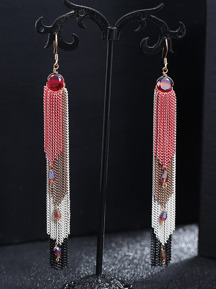 Women Vintage Bead Knitted Tasel Sliver Earrings