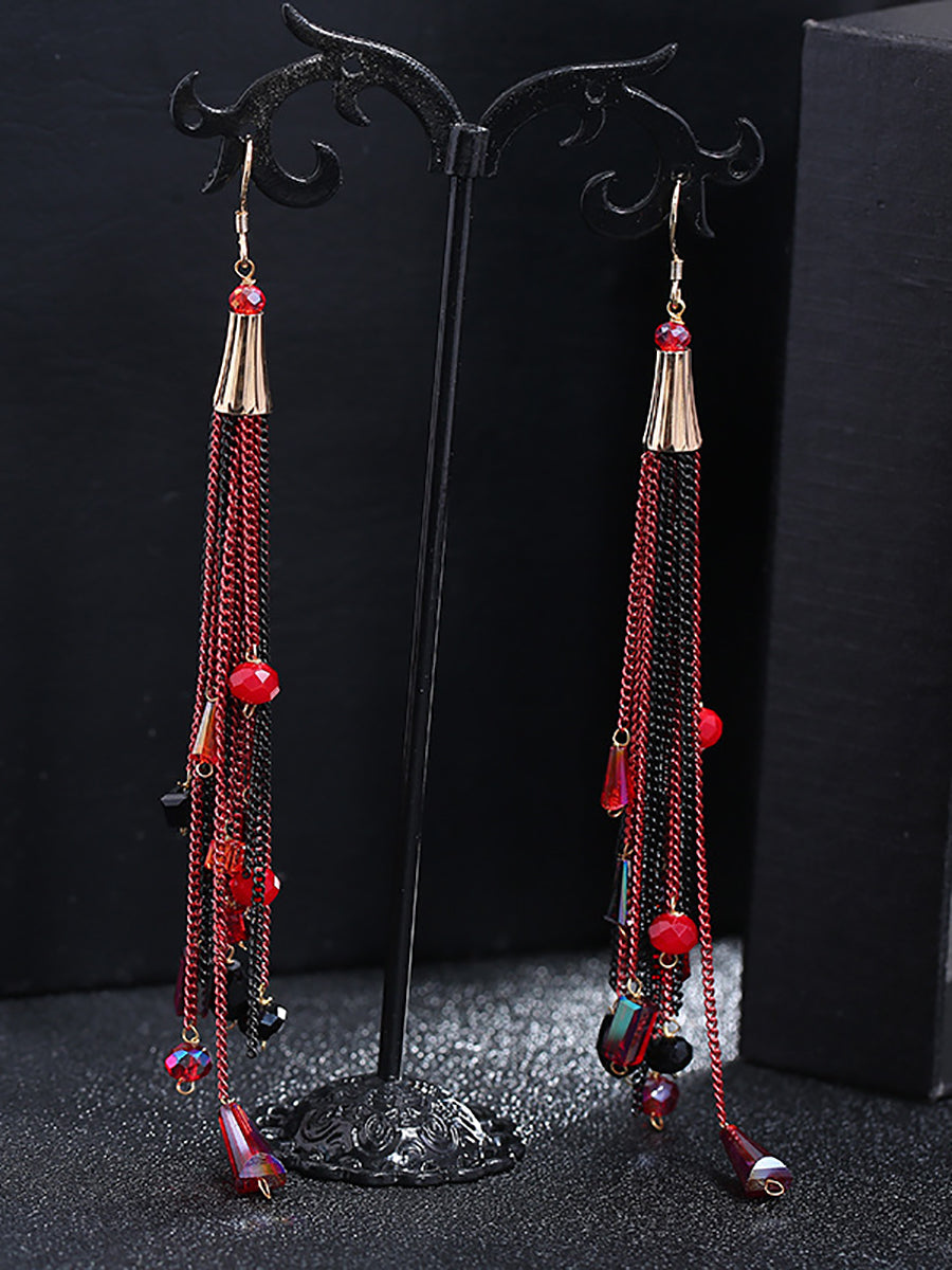 Women Vintage Bead Knitted Tasel Sliver Earrings