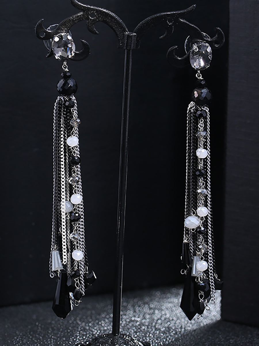 Women Vintage Bead Knitted Tasel Sliver Earrings