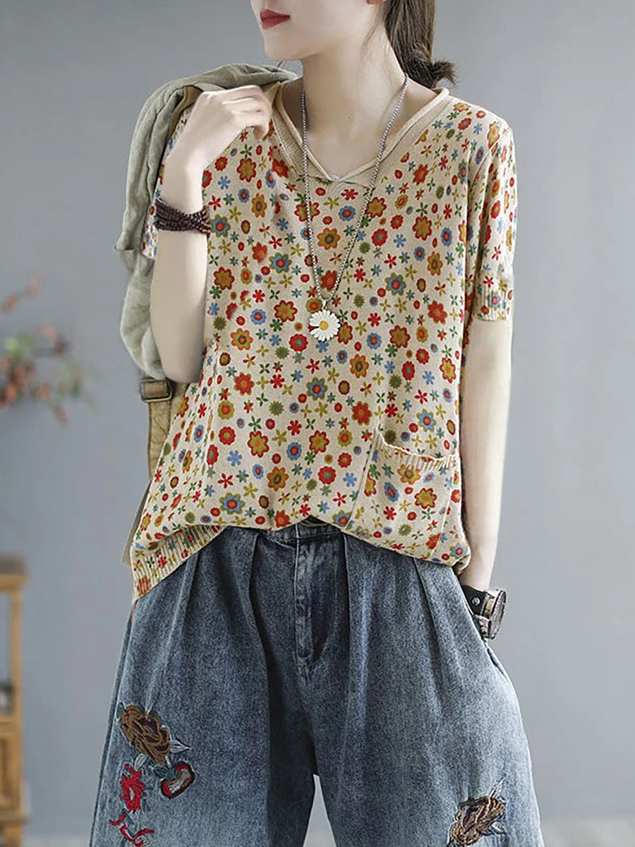 Plus Size Women Summer Casual Flower Knitted Shirt