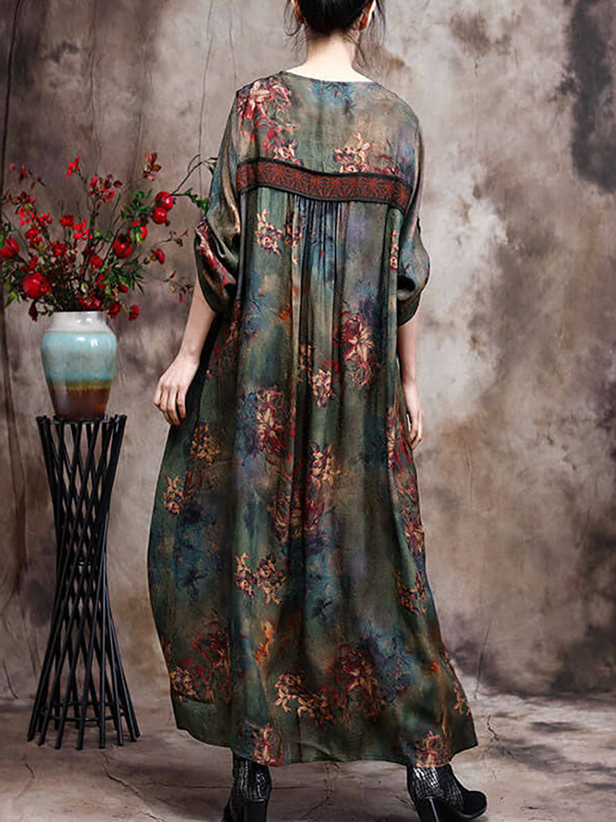 Plus Size Women Retro Rayon Flower Maxi Dresses