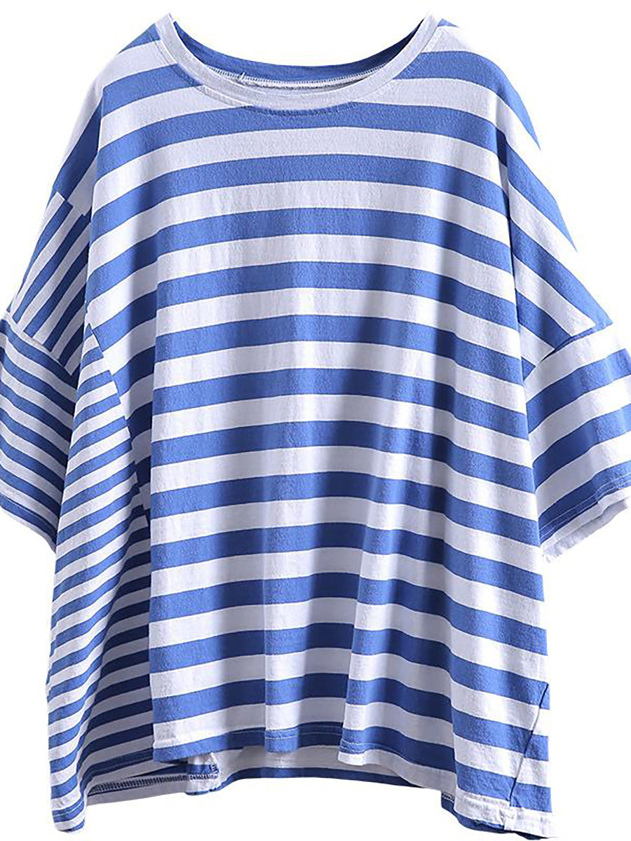 Plus Size - Buykud 100% Cotton Striped Casual T-Shirt