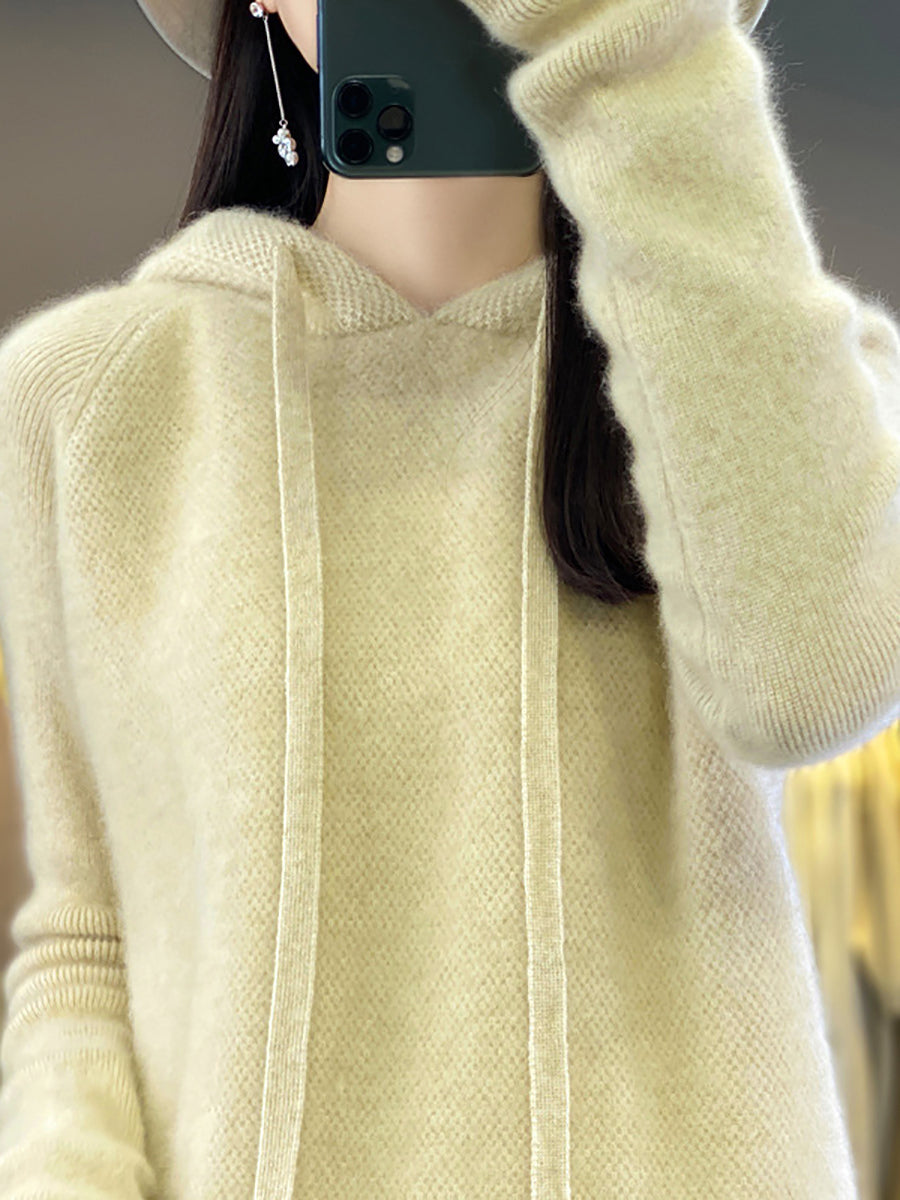 Women Winter Casual Solid Hooded Wool Sweater