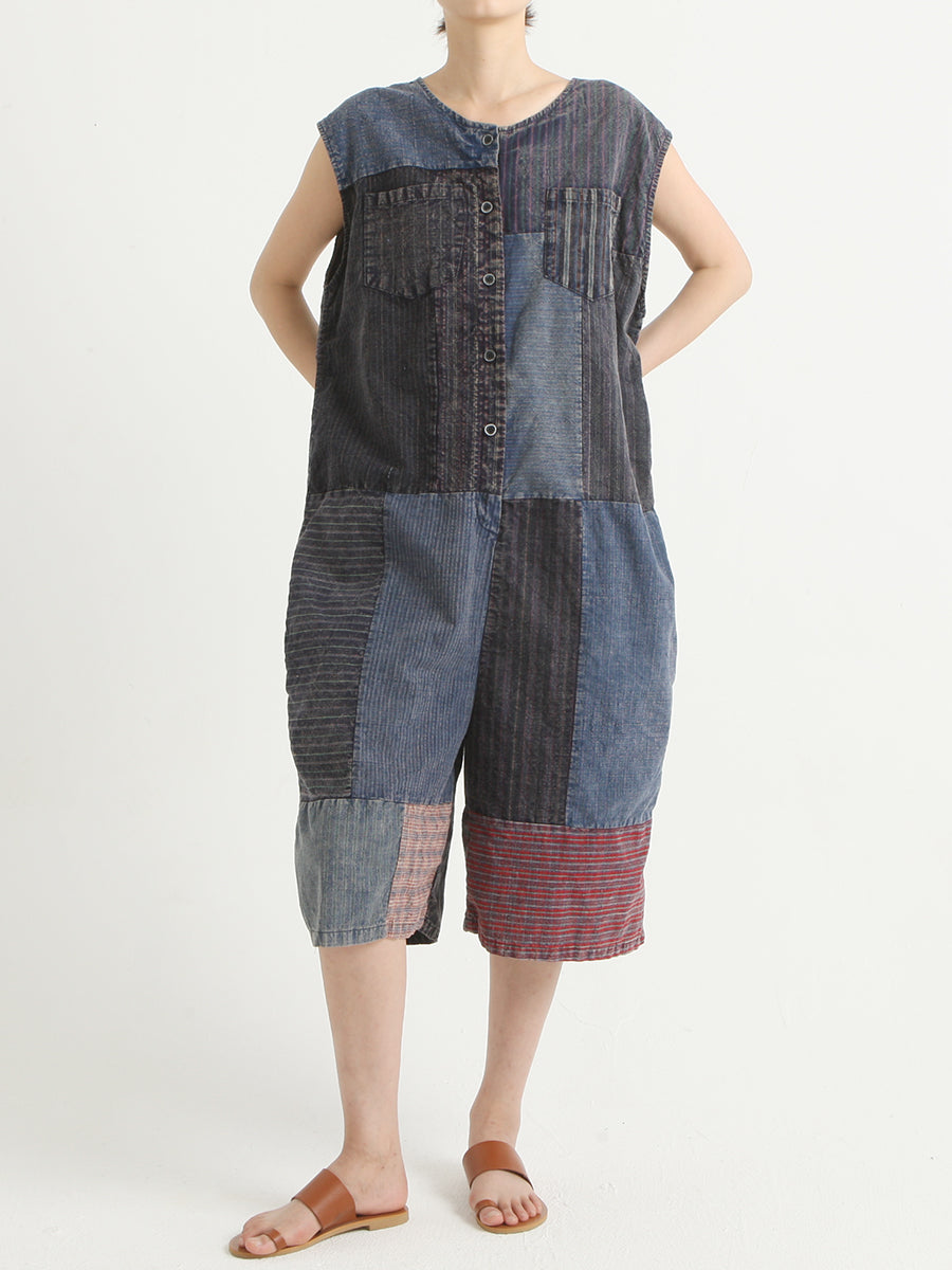 Denim Vintage Summer Patchwork Overalls Jumpsuit