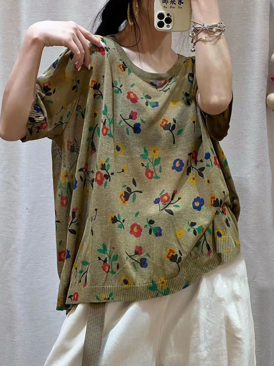 Women Casual Flower Summer Loose Pullover Shirt